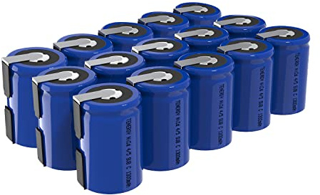 Tenergy 4/5 SubC 1.2 Volts 1300mAh NiCD Rechargeable Batteries with Tabs, Flat top, 15 Pack