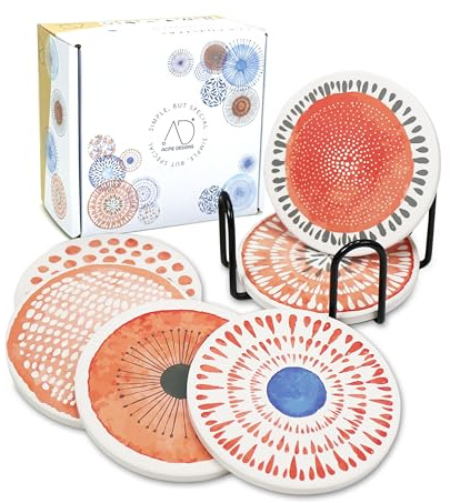 AD Set of 6 Coasters for Drinks Absorbing Round Ceramic Stone Coaster with Cork Base Tabletop Protection Mat for Mugs and Cups,Office,Kitchen (Coral Watercolor with Holder)
