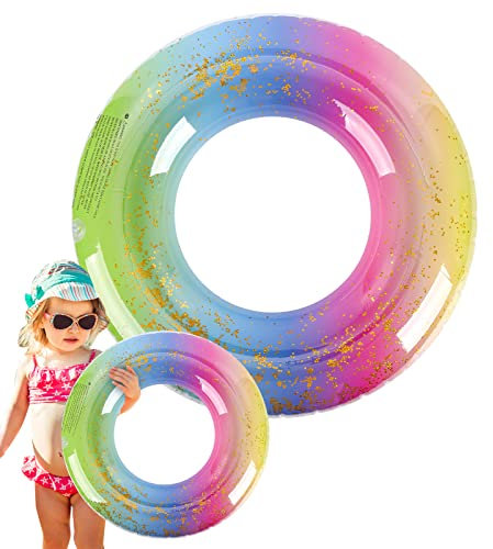 27,5 Zoll Aufblasbar Schwimmreifen mit Glitzer für Kinder Regenbogen Pailletten Schwimmenring Luftmatratze Pool Floaties Strand Schwimmbad Pool Spielzeug (Regenbogen)