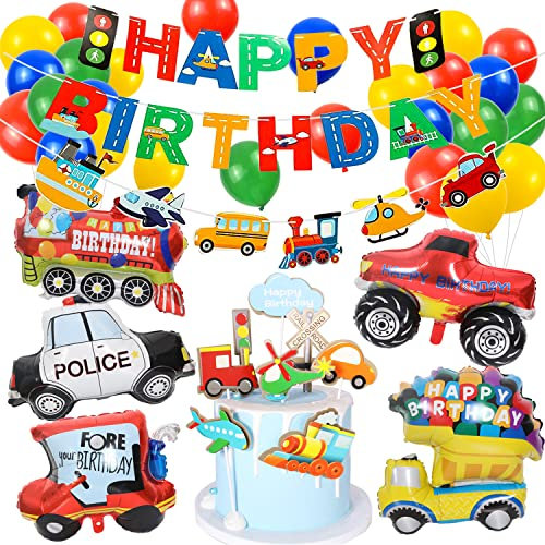 Tema de Tráfico Decoración de Fiesta, Transporte Tema Fiesta Decoracion con cartel de feliz cumpleaños, Transporte Adornos para Tartas para Cumpleaños, Tren Coche de Policía Yate Camión de Bomberos