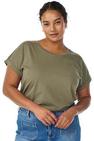 Zizzi T-Shirt Damen große Größen - Baumwollmix, Rundhals, Relaxed Fit | Basic Oberteil aus 60% Baumwolle und 40% Polyester, Rundhals mit Umschlagärmeln, relaxed für Alltag und Büro