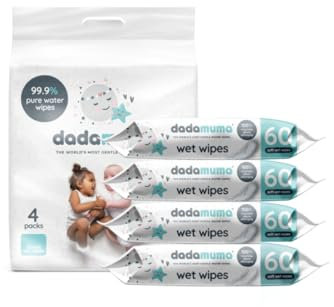 Dadamuma - 99.9% Pure Water Baby Wipes (4 x 60 Wipes), Gentle with Newborn Skin, Natural Ingredients, Allergy UK Approved, Plastic-Free, Biodegradable, Eco-Friendly