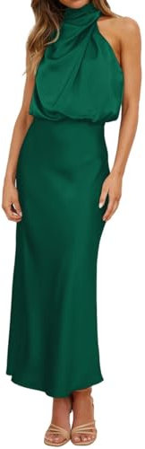 Odizli Robe de soirée longue élégante sans manches en satin pour femme - Pour l'été et le mariage, vert foncé, S