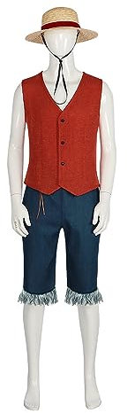 VintageCos Men's Anime Classic Suit with Straw Hat for Halloween, Red and Blue, Medium