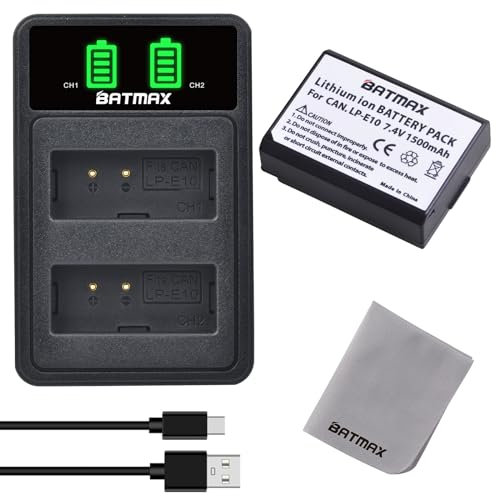 Batmax LP-E10 Battery and Dual Charger with Type C Port Compatible with Canon Kiss X50 X70 X80 X90, EOS 1100D 1200D 1300D 1500D 2000D 3000D 4000D,EOS Rebel T3 T5 T6 T7 T100 DSLR digital camera
