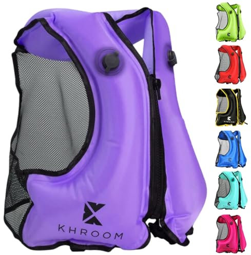 Khroom Aiuto al galleggiamento gonfiabile secondo l'ultima norma UE | 150-210 cm, fino a 100kg | Gilet da snorkeling gonfiabile | Giubbotto gonfiabile per Snorkel, Kayak, SUP (V2 viola)