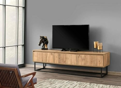 Dmora Mobile Porta TV Suhail, Credenza da Soggiorno, Armadio Basso per TV, Base Parete attrezzata, 180x40h50 cm, Quercia e Nero