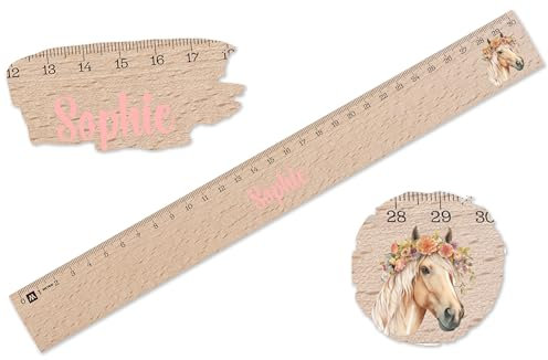 Holz Lineal 30cm - Pferde - Holzlineal mit Pferdemotiv | 30 Holzlineal mit Pferde-Design | Personalisiert mit Namen | Geschenk zur Einschulung für Mädchen - 30 cm - Holz - pferd