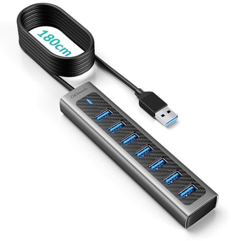 GiGimundo GM7U 7 Puertos USB HUB 3.0 de Aluminio, Cable de 1,8 m de Largo con Conector de Entrada de Corriente de 5 V/3 A Tipo C, Distribuidor USB 3.0 para PC, portátil(1.8 Metros)
