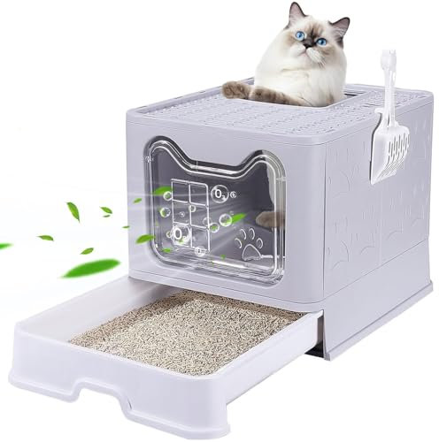 Katzenklo mit Deckel, Katzentoilette,Vollständig Geschlossene Katzentoilette XXL Schubladentyp Desodorierende Cat Litter Box, Faltbare Katzenklo mit Schaufel, offene Oberseite,für Katzen verschiedener