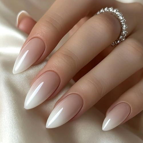 Ceboic 24 Stück French Tip Press on Nails Mittel, Grau Farbverlauf Künstliche Nägel Mandel Französische Fingernägel Zum Aufkleben, Full Cover Kunstnägel, Acryl Falsche Nägel für Frauen Nail Art