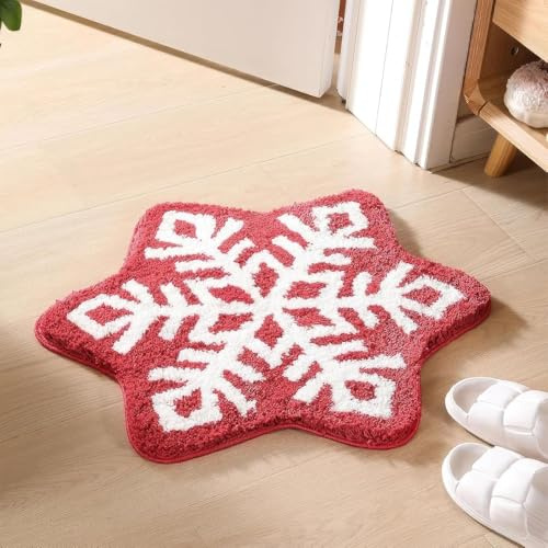 AVEKI Home Bathroom Rug, Cuddly Warm Christmas Snowflake Flocking Bathroom Mat, Washable Decorative Bath Mat, Absorbent Microfibre Bath Mat, Non-Slip (Red)