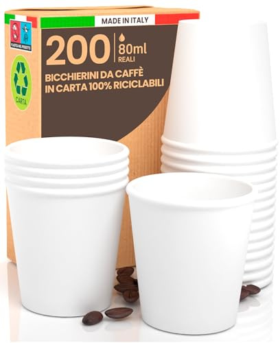 200 Bicchierini in Carta 80ml per Caffè - Bicchieri Ecologici Biodegradabili Monouso - Piccoli per Asporto Bevande Calde