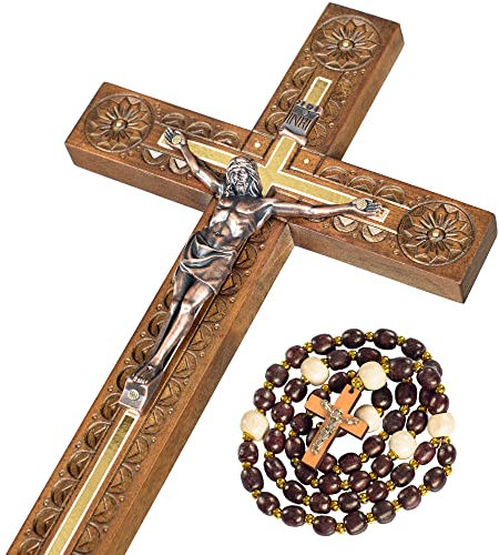Asterom Handgeschnitztes Kruzifix - Wandkreuz für Heimdekoration, katholisches Holz, 30,5 cm