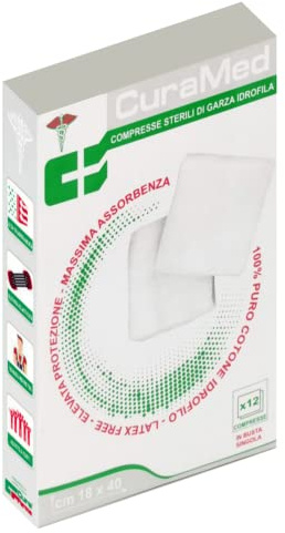 Compresse Garza Sterile (18 × 40cm). 10 Confezioni Cotone Idrofilo. 120 Garze Sterili. Originale Cura Farma