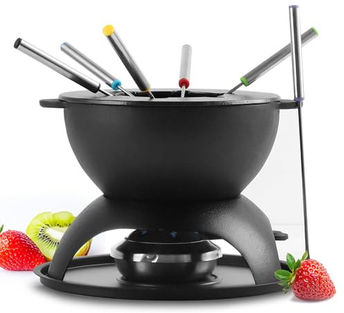 Artestia 5-Cup Cast Iron Fondue Pot for Chocolate, Cheese Fondue Pot with 6 Colored Forks for Fondue Party, 4-6 Person, Black