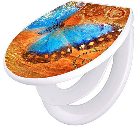 banjado Familien WC Sitz mit Absenkautomatik 44,5x37cm / Klodeckel/Klobrille mit Kindersitz aus hochwertigem Polypropylen/Toilettensitz Kindersitz integriert Motiv Schmetterling