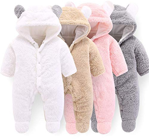 Haokaini Newborn Bear Warmer Snowsuit Cotton Fleece Hooded Romper Jumpsuit for Baby Girls Boys (9-12 Months, Pink)