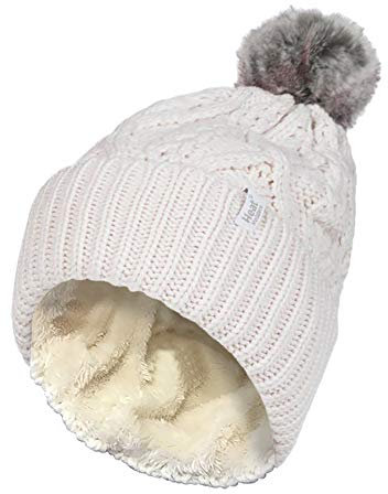 HEAT HOLDERS - Damen Warm Strickmütze Gefüttert Beanie mit Bommel und Fleecefutter (One Size, Cream (Solna))