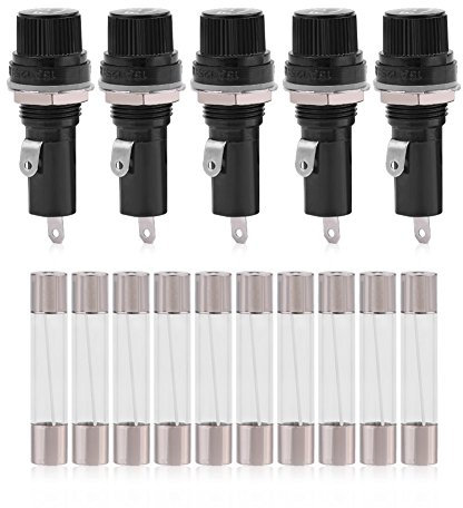 10 x Glasrohr, Duokon 5 Stück Sicherungshalter, montiert auf Schalttafel, für 6 x 30 Glassicherungen, AC, 125 V, 15 A/250 V, 10 A