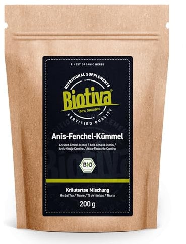 Anis-Fenchel-Kümmel Tee Bio 200g - Magen-Darm-Tee - Pimpinella anisum Cuminum Cyminum Foeniculum vulgare - Babytee - abgefülllt und kontrolliert in Deutschland - Biotiva