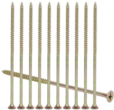 SENENQU 100PCS M6 x 150mm Long Wood Screws, Flat Modified Truss Head Wood Screws, Galvanized Steel Self Tapping Screws, Multipurpose Pozi Screws - Countersunk Head | Zinc Yellow