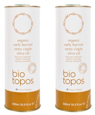 Biotopos, BIO-Extra Natives- Grünes Olivenöl aus unreifen oliven, Monovarietale Sorte Koroneiki, Kaltgepresst, Kalamata Griechenland – 2x500ml (1L) - Blechdose