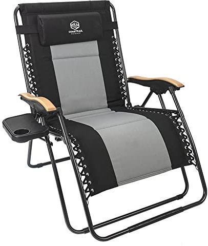 Coastrail Outdoor Zero Gravity Armlehne XXL Camping Lounge Terrasse Stütze 180 kg gepolstert Relaxliege Klappstuhl mit Beistelltisch, Schwarz / Grau