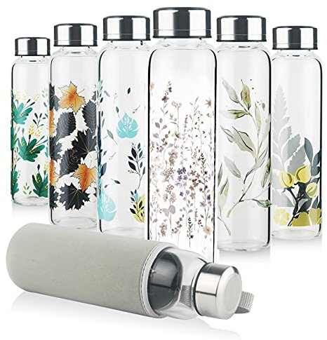 Reeho Trinkflasche Glas, Sport Borosilikat Glasflasche Wasserflasche mit Neopren-Hülle mit Auslaufsicher Edelstahldeckel 500 ml / 1000 ml / 1 Liter