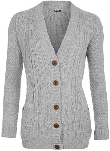 WearAll Womens Cable Knitted Button Cardigan Long Sleeve Ladies Boyfriend Top - Grey 20-22