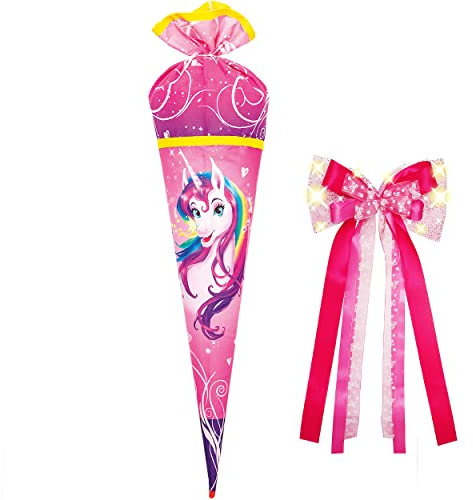Stoff Schultüte Motiv + Größe + Zubehör wählbar 85/70 cm - inkl. LED LICHT - Schleife - Holzspitze - Zuckertüte - Stoffabschluß - Roth 6 eckig rund - Mä..