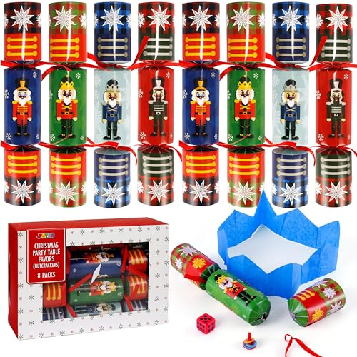 JOYIN 8 Stück Knallbonbons für Weihnachten, Xmas Geschenk, nicht schnappend, rotes und grünes Schneeflocken-Design, Party-Tischgeschenke mit Party-Zubehör für Kinder und Erwachsene, Weihnachtsfeiern
