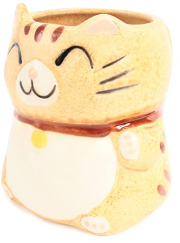 Mino ware Tasse, japanische Keramik, Manekineko-Katze, hergestellt in Japan (Import Japan), Honiggelb CPM015