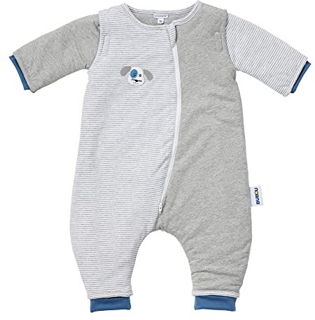 Gesslein 753106 Bubou Babyschlafsack mit Beinen und abnehmbaren Ärmeln: Temperaturregulierender Ganzjahreschlafsack, Baby Größe 110 cm, Streifen grau meliert mit Hund