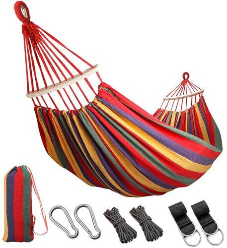 MEELOTOP 11FT Extra Large Hammock, Canvas Double Brazilian Camping Hammock with 2 Tree Straps Hammock Replacement for Backyard, Porch, Outdoor and Indoor 340cm x 160cm Rainbow