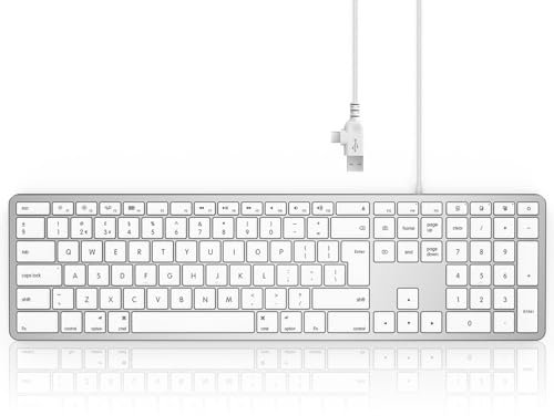 Seenda Wired Keyboard for Mac OS, Slim External Full-size Keyboard with Numeric Pad & USB A and Type C 2-in-1 Connector for Apple Mac, iMac, MacBook Pro/Air/Mini, UK Qwerty Layout - White and Silver