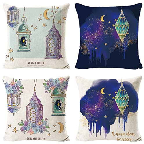 JOKILY 4 Stück Ramadan Kissenbezug Dekokissenbezüge Wurfkissenbezüge 45x45cm, Leinen Mond Laterne Muster Zierkissenbezüge Sofakissen Dekokissen Bezug für Eid Mubarak Sofa Wohnzimmer Kissen Dekoration