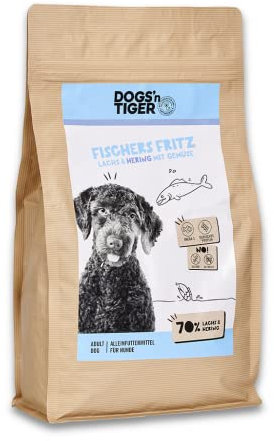 Dogs’n Tiger Adult Premium Hunde Futter, Fischers Fritz, Trockenfutter für Hunde mit 70% Fleischanteil – ohne Zucker & Getreide, Lachs und Hering mit Gemüse, 2kg