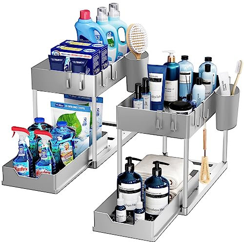 Puricon 2 Unidades Estantería Bajo Fregadero, Estante Organizador Mueble Bajo Fregadero Cocina Lavabo -Gris