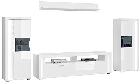 xonox.home - Wohnkombination Skylight 4-TLG. Set 351x202x46 cm in weiß und weiß Hochglanz und Frontglas Pasol grau - Wohnkombination Wohnwand Wohnzimmermöbel Wohnzimmerschrank - funktional