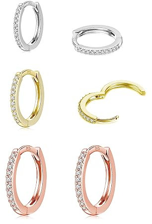 HUABOLA CALYN 3 Paar Creolen Silber 925, Silber Gold Rosegold Creolen Klein Ohrringe Set für Damen Herren Mädchen in 8/10/12mm, Hypoallergen Ohrringe Vergoldete Set mit AAA Zirkonia Schmuck