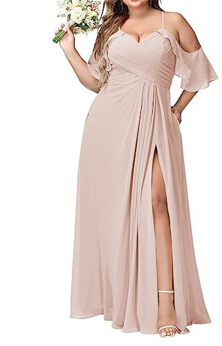 Robe de demoiselle d'honneur grande taille avec poches et épaules dénudées, longue robe de soirée formelle plissée avec fente, rose poudré, 48