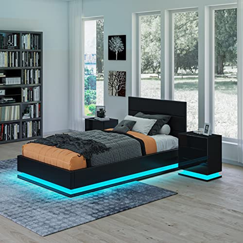 Ottoman Lift Storage Bed with LED Light, 3FT Singe Size Bed Frame, Faux Leather Upholstered Bed Frame with Gas Lift Up Storage, for Bedroom Furniture, Black