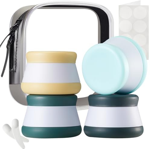 INSFIT 4 Pack Silicone Travel Containers - CAA Compliant 20ml Leakproof Toiletries Jars, BPA-Free Cream Containers with Lids & Labels, UK Travel Essentials (Includes Mini Spatulas)