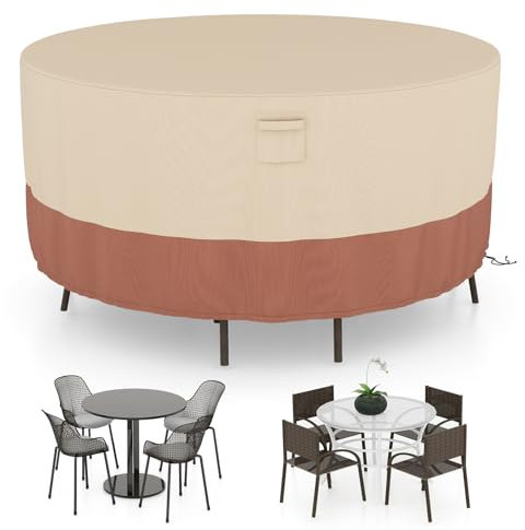 COSTWAY Abdeckung für Gartenmöbel, wasserdichte und winterfeste Schutzhülle, staubfestes und schwerlastes Oxford Gewebe, runde Abdeckplane für Gartentische und Stühle, 158 x 158 x 70 cm, Beige + Braun