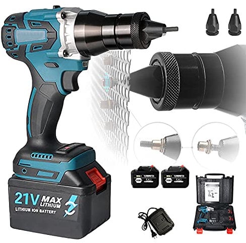 WEIWAN Pistola per Rivetti a Batteria, Rivettatrice a Batteria 21V, Elettrica Rivettatrice kit pistola per rivettatura Senza Fili per M6 M8, Batteria*2 (3Ah)