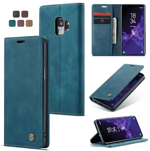 Cracedily Handyhülle für Samsung Galaxy S9 Hülle, Klapphülle Premium Lederhülle Klappbar Flip Case Tasche Magnet Kartenfach Standfunktion Klapphülle Schutzhülle für Samsung S9 Handyhülle, Blaugrün