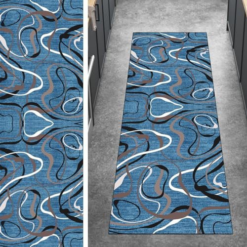 Ymural Teppich Läufer Flur rutschfest Küchen Abstrakt 60x120CM Blau rutschfest Lang Meterware Kurzflor Polyester Korridor Schlafzimmer, Anpassbar
