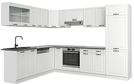 Vicco Eckküche R-Line, Küchenzeile in L-Form, Weiß Landhaus/Weiß, 227 x 287 cm, AP Eiche