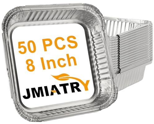 JMIATRY 50 bandejas de papel de aluminio, bandejas cuadradas de aluminio de 8 pulgadas, bandejas de aluminio para hornear, cocinar, horno